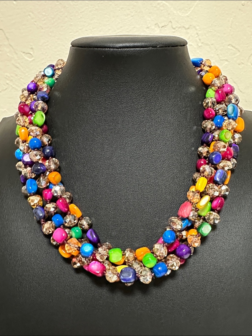 Five Strand Stacked Multicolor Glass & Faceted Crystal Statement Necklace